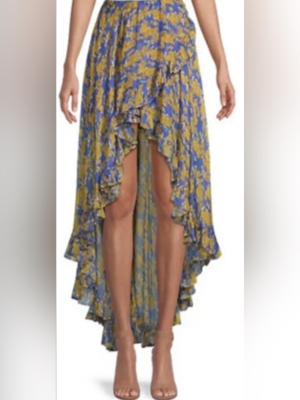 Caroline Constas Silk High-Low Ruffle Floral Skirt in Blue and Yellow